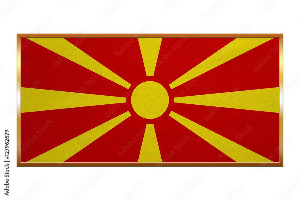 Flag of Macedonia , golden frame, fabric texture Flag of Macedonia , golden frame, fabric texture