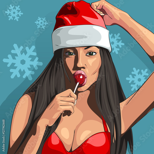 Sexy snow maiden sucking lollipop. Vector illustration
