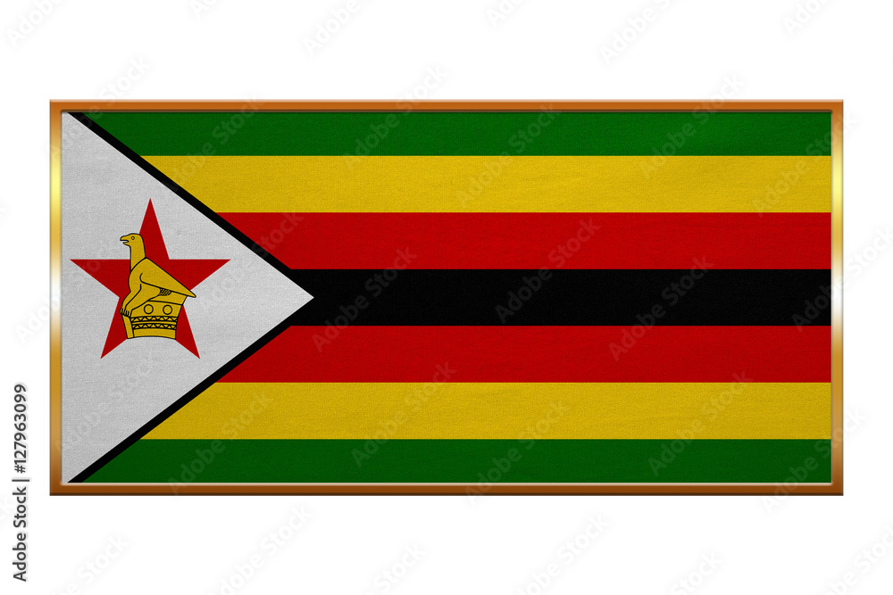 Flag of Zimbabwe , golden frame, fabric texture Flag of Zimbabwe , golden frame, fabric texture