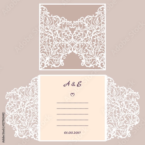 Wedding invitation or greeting card with abstract ornament. Vector envelope template for laser cutting. Paper cut card with silhouette. Cutout silhouette panel. Cutting file