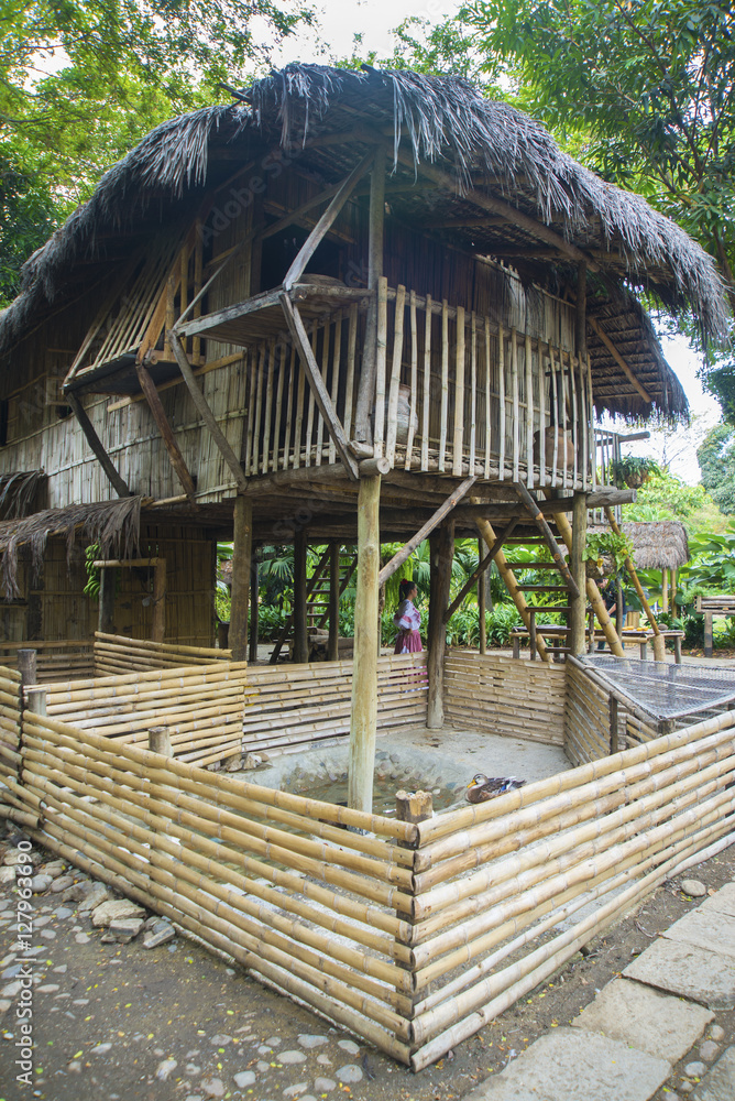 Replica of an old bamboo and hay jungle hut, on chicken legs, in a national park in Guayaquil, Ecuador.
