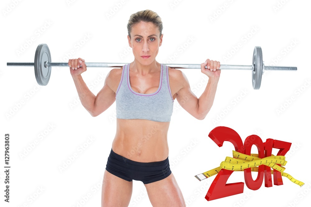 Composite image of strong female crossfitter lifting barbell beh Composite image of strong female crossfitter lifting barbell beh