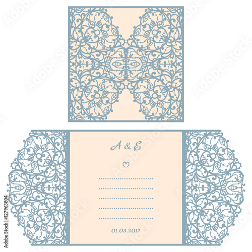 Wedding invitation or greeting card with abstract ornament. Vector envelope template for laser cutting. Paper cut card with silhouette. Cutout silhouette panel. Cutting file