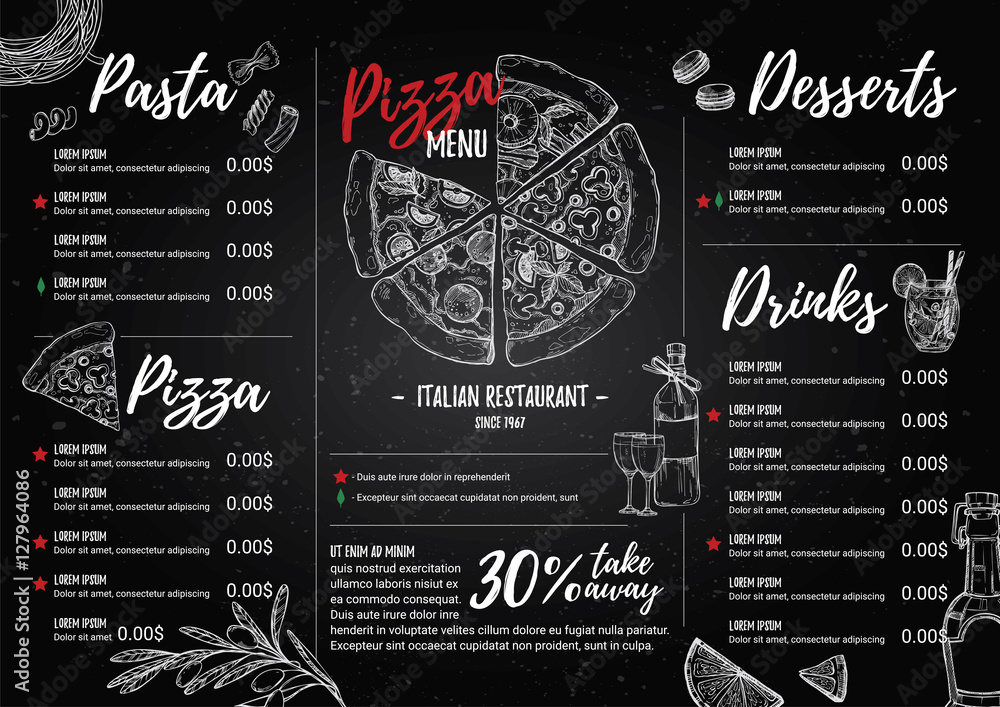 Hand drawn vector illustration - Italian menu. Pasta and Pizza. - obrazy, fototapety, plakaty 
