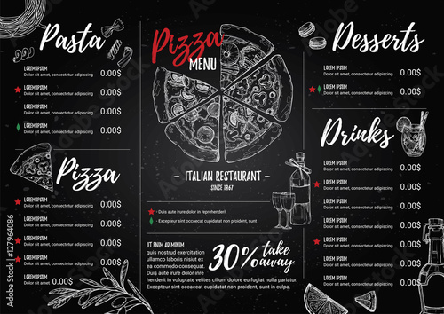 Hand drawn vector illustration - Italian menu. Pasta and Pizza. photo