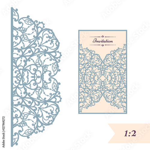 Wedding invitation or greeting card with abstract ornament. Vector envelope template for laser cutting. Paper cut card with silhouette. Cutout silhouette panel. Cutting file