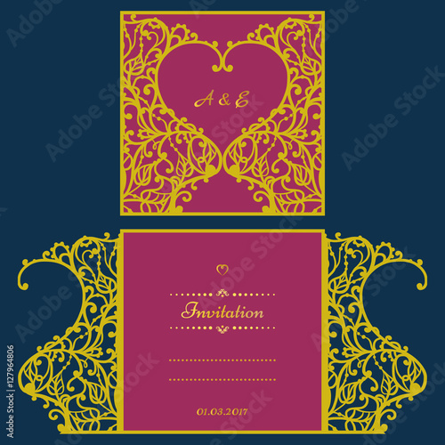 Wedding invitation or greeting card with abstract ornament. Vector envelope template for laser cutting. Paper cut card with silhouette. Cutout silhouette panel. Cutting file