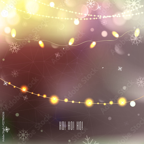 Elegant Christmas background with snowflakes, bokeh, garland and place for text. evening lights background. Vector Illustration.