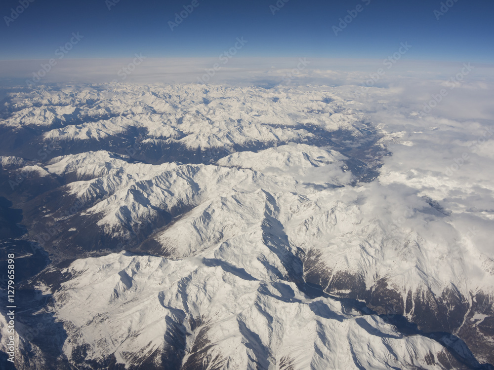 Aerial view of the alps in Europe during autumn season with fresh snow. November 2016
