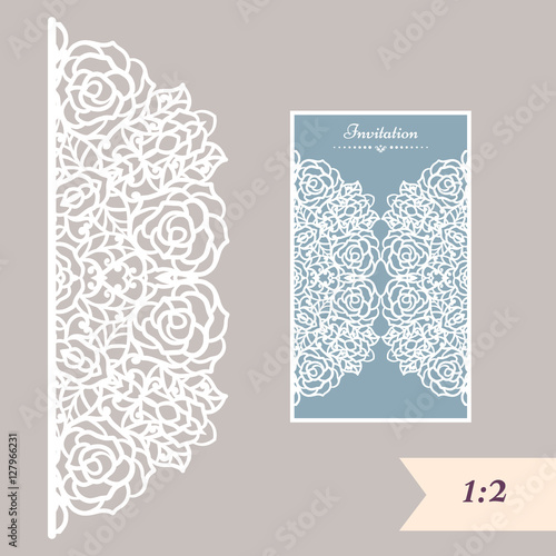Wedding invitation or greeting card with abstract ornament. Vector envelope template for laser cutting. Paper cut card with silhouette. Cutout silhouette panel. Cutting file