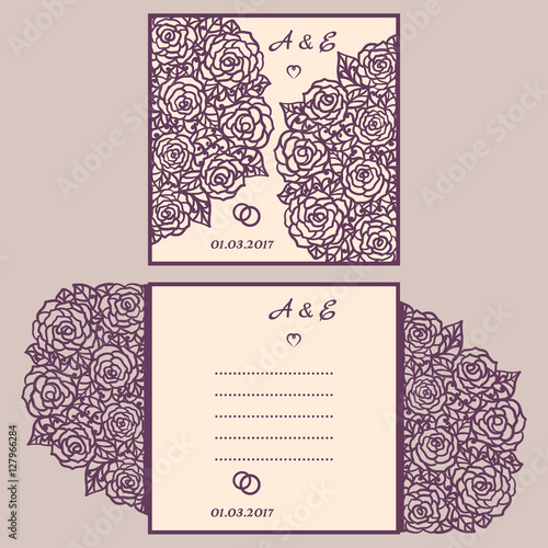 Wedding invitation or greeting card with abstract ornament. Vector envelope template for laser cutting. Paper cut card with silhouette. Cutout silhouette panel. Cutting file