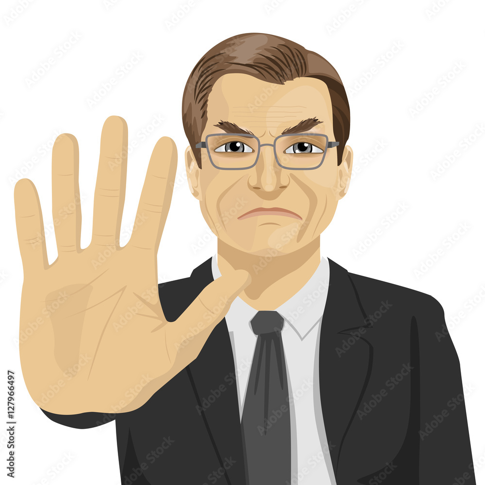 angry mature businessman with glasses showing stop gesture angry mature businessman with glasses showing stop gesture