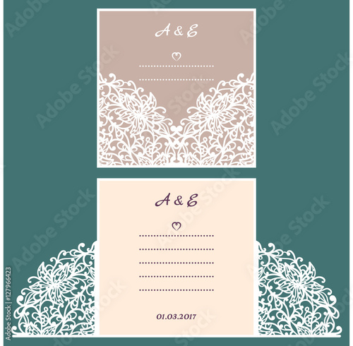 Wedding invitation or greeting card with abstract ornament. Vector envelope template for laser cutting. Paper cut card with silhouette. Cutout silhouette panel. Cutting file