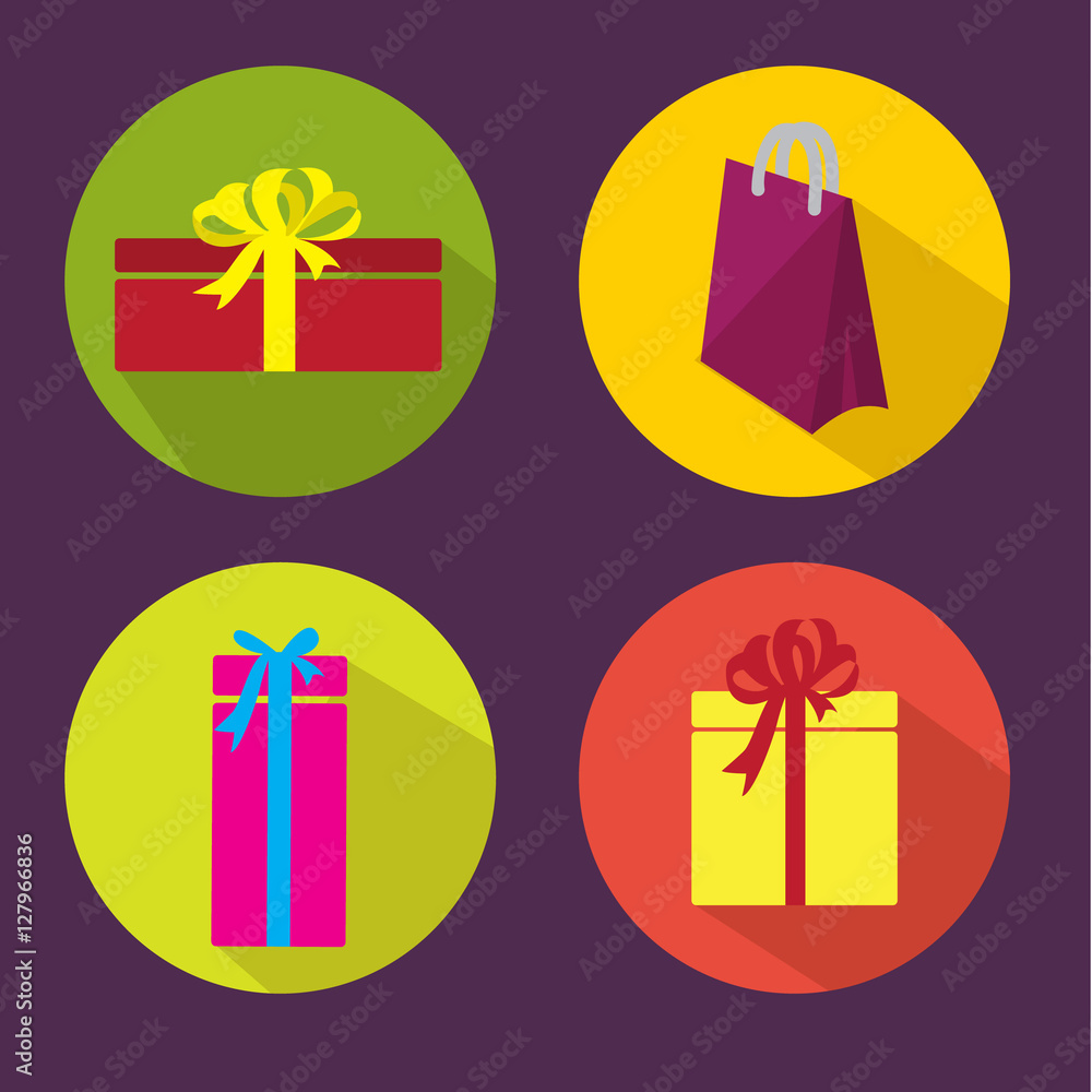 Set of Icon with gift boxs. Gift packaging and packages for the website. colored round Flat icons