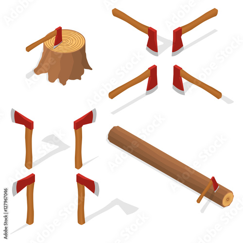 The isometric axe. Hack logs. The hatchet in the stump. Icon vector illustration.