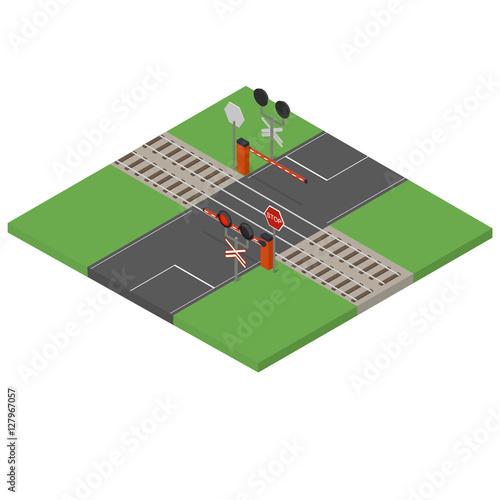 Railway crossing. Traffic lights and road barrier. Flat isometric. A Stop Sign. Paved road and rails train. Vector illustration.