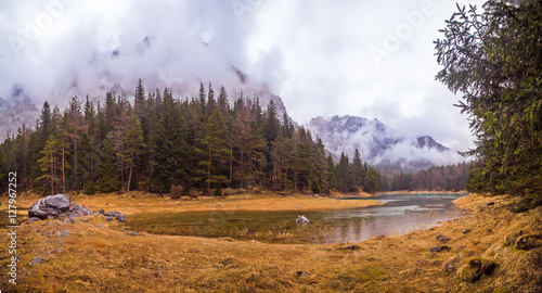 beautiful lake at top mountains forrest landscape