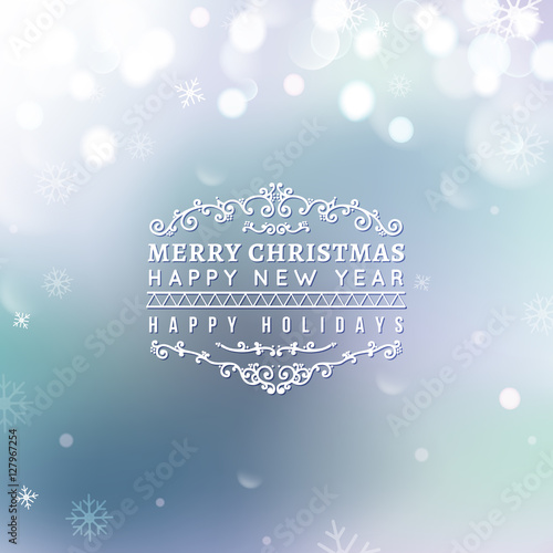 Merry Christmas and Happy New Year card. Christmas typographic message. Vector blue bokeh background, festive defocused lights, snowflakes, text