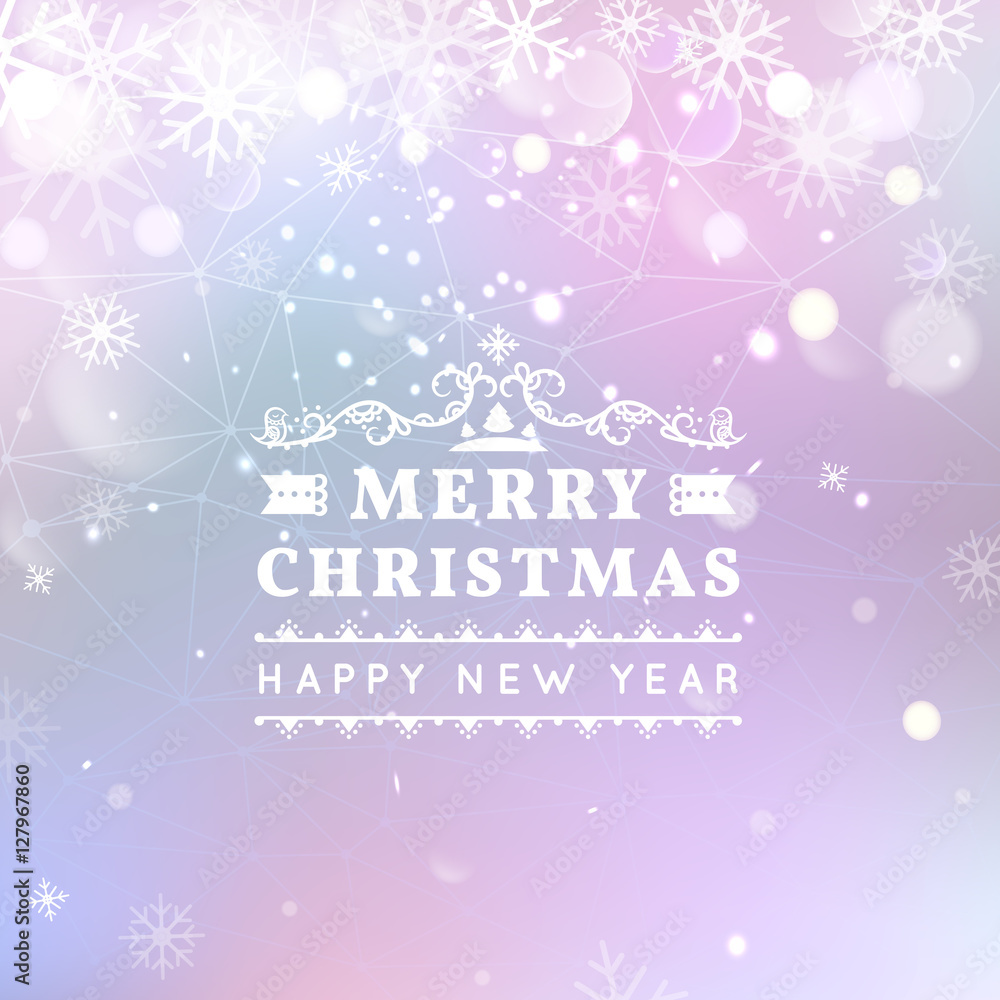 Merry Christmas and Happy New Year card. Vector bokeh background, festive defocused lights, snowflakes, lights