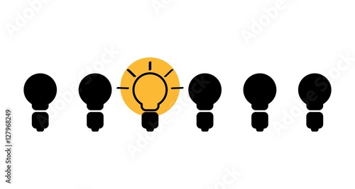 five dark bulbs and one lighting bulb