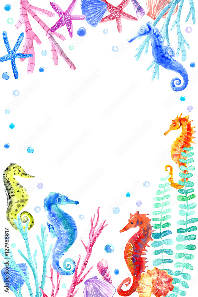 Frame with seahorse, shell, starfish, seaweed, coral and bubbles.Underwater world postcard on a white background.Watercolor hand drawn illustration. Frame with seahorse, shell, starfish, seaweed, coral and bubbles.Underwater world postcard on a white background.Watercolor hand drawn illustration.