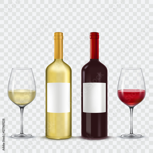 Two bottles and  glasses of wine - red  white