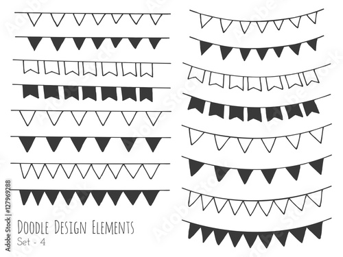Collection of hand drawn doodle design elements isolated on white background. Set of handdrawn borders. Bunting flags, banners. Abstract hand sketched shapes. Vector illustration. photo