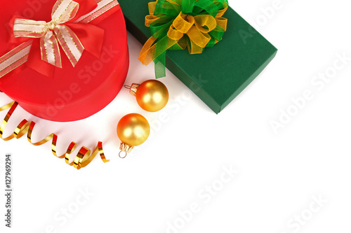 Christmas presents with decorations on white background