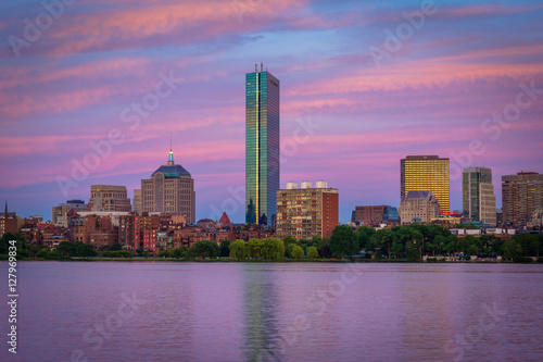 The Boston skyline and Charles River at sunset  seen from Cambri