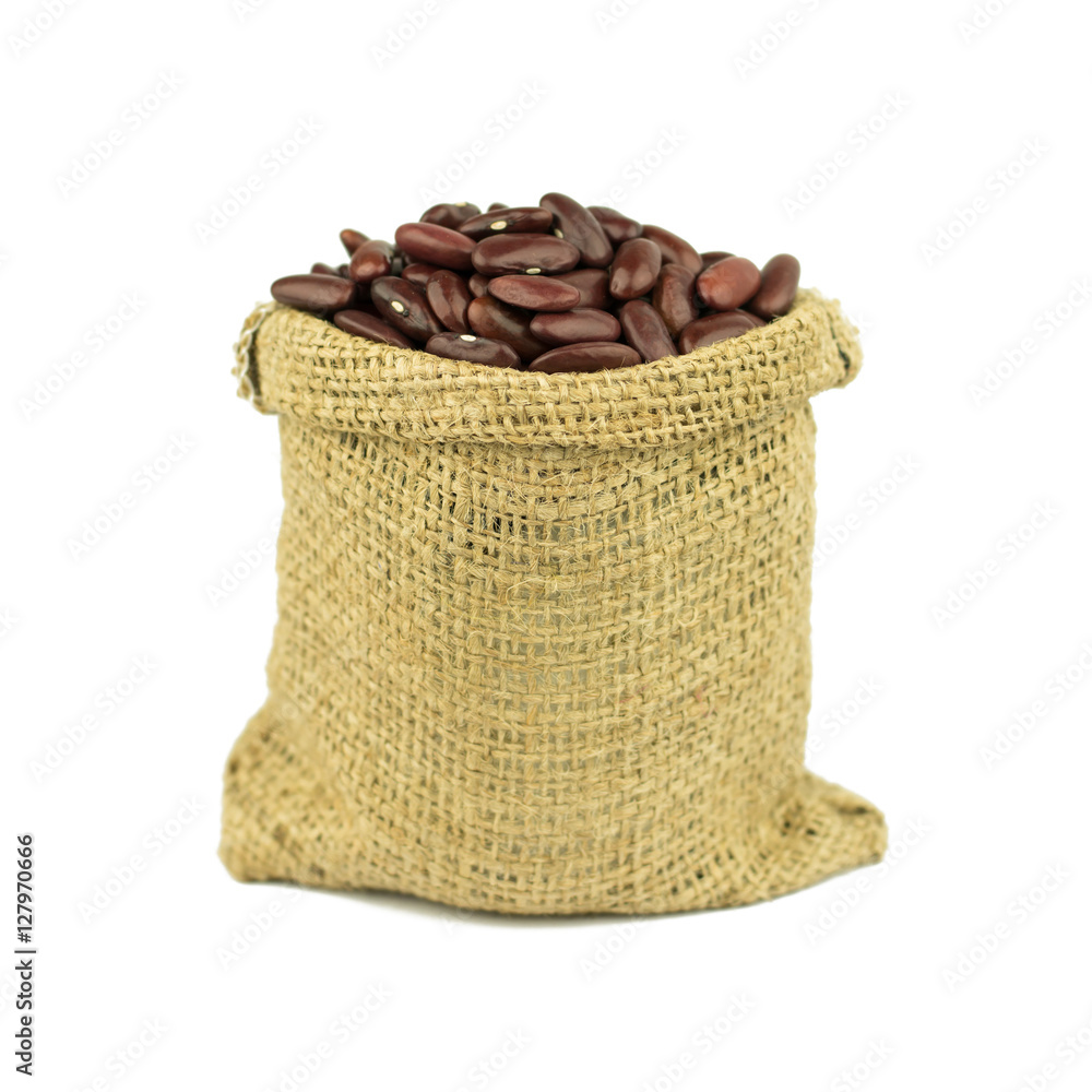 Mung bean in Jute bag bowl isolated on white background Mung bean in Jute bag bowl isolated on white background