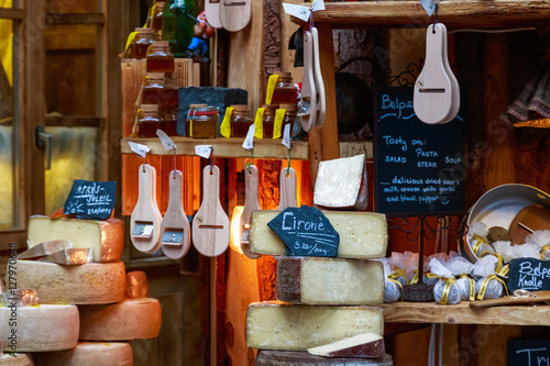 Variety of cheese on display in Borough Market, London