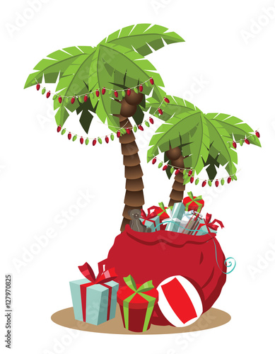 Christmas in a warm climate palm tree with Christmas lights and Christmas gifts cartoon. EPS 10 vector.
