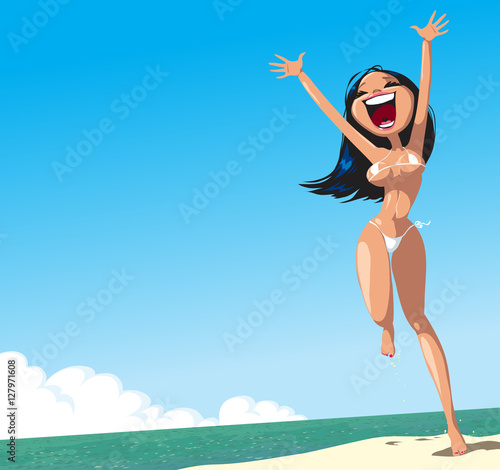 Sexy happy girl in a bikini on the beach. Background. Cartoon vector illustration