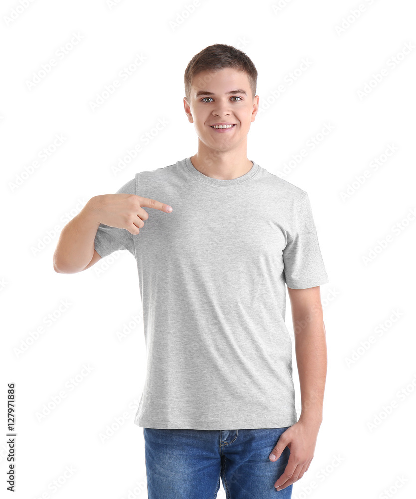 Handsome young man in blank grey t-shirt on white background Handsome young man in blank grey t-shirt on white background