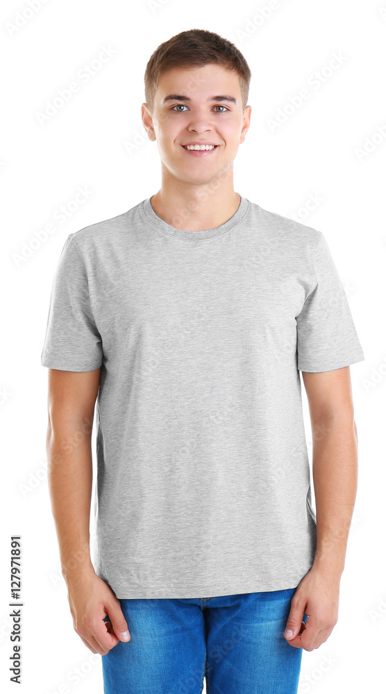 Fototapeta premium Handsome young man in blank grey t-shirt on white background