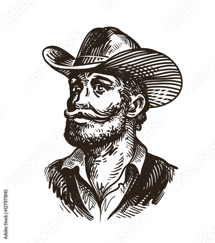Cowboy, rancher or farmer. Hand drawn sketch vector illustration