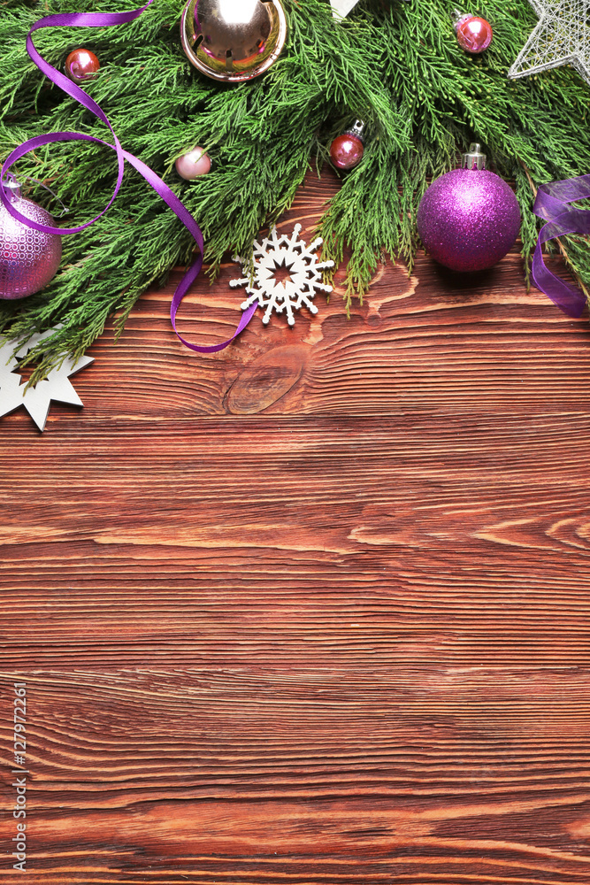 Beautiful composition of Christmas decor on wooden background