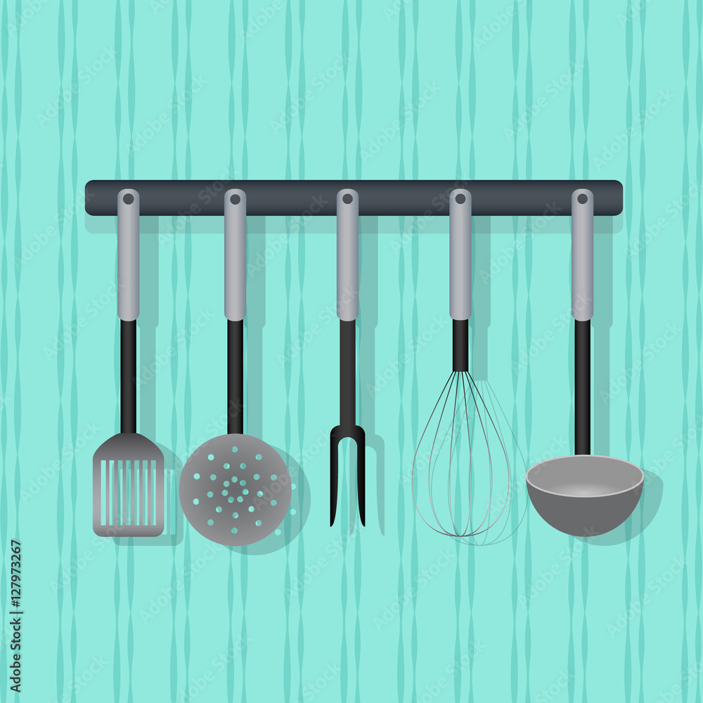 Flat vector utensil, kitchenware on the wall. Flat vector utensil, kitchenware on the wall.