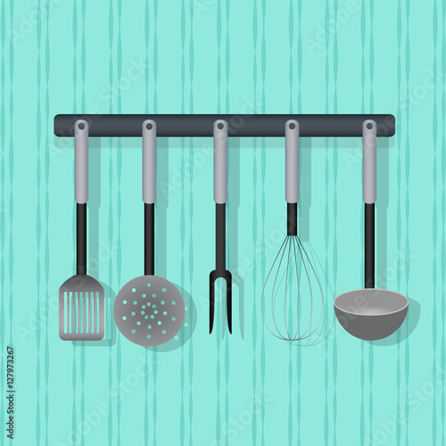 Flat vector utensil, kitchenware on the wall.
