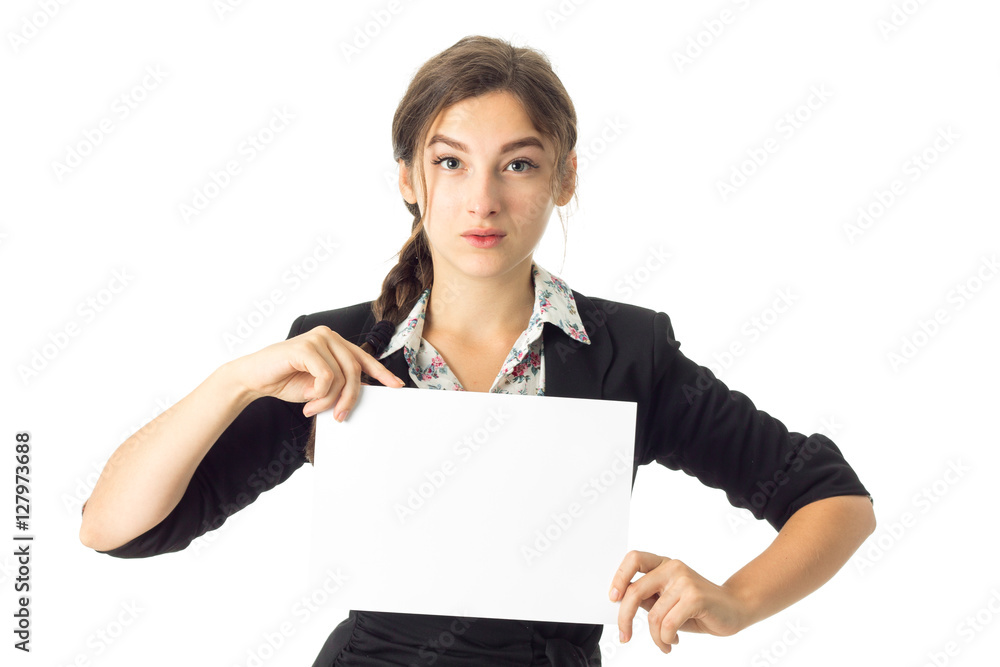 woman in uniform with white placard in hands woman in uniform with white placard in hands