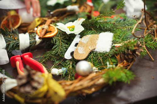 The process of making handicraft christmas wreath