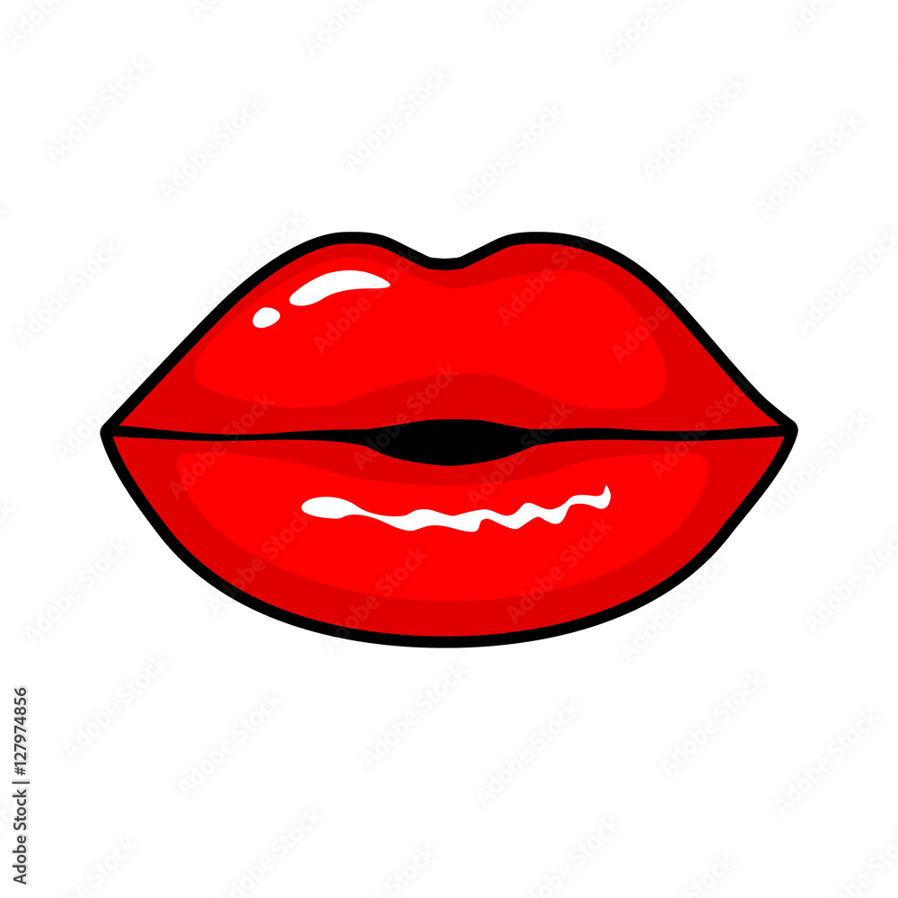 Lips kiss. Vector patch, sticker isolated on white. Cool sexy red kissed. Selphie cartoon Sign for print, in comics, Fashion, pop art, retro style 80-s 90s Lips kiss. Vector patch, sticker isolated on white. Cool sexy red kissed. Selphie cartoon Sign for print, in comics, Fashion, pop art, retro style 80-s 90s