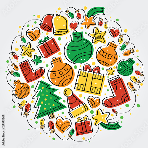 Christmas designs with strong colors and snow on top in circular format