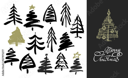 Hand drawn grunge Christmas trees. Ink painting