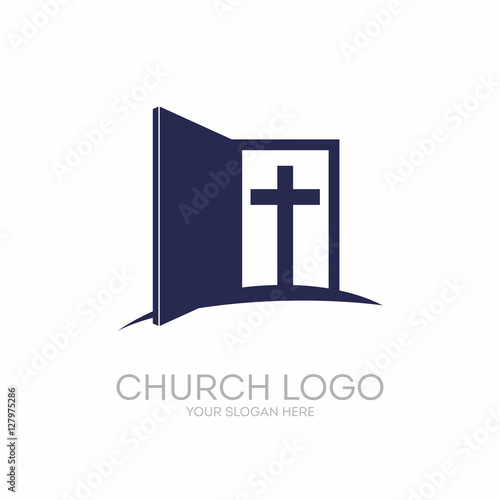 Church logo. Christian symbols. Open the door and the staircase leading to the cross of the Lord and Savior Jesus Christ.