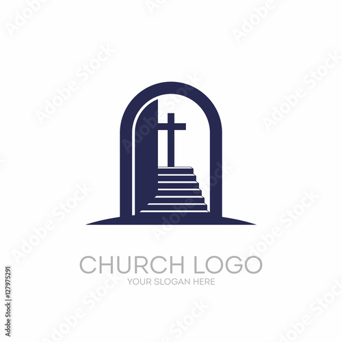 Church logo. Christian symbols. Open the door and the staircase leading to the cross of the Lord and Savior Jesus Christ.