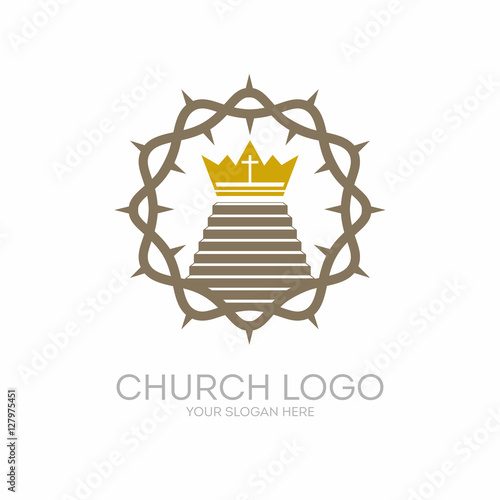 Church logo. Christian symbols. The crown of thorns Jesus Christ the Savior and the staircase leading to the royal crown.