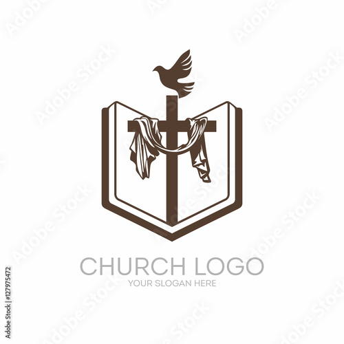 Church logo. Christian symbols. Bible, Holy Scripture, the cross of Jesus Christ and the Holy Spirit as a dove.