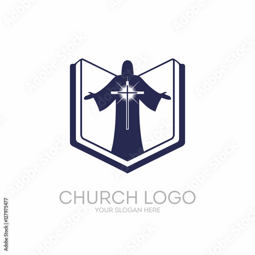 Church logo. Christian symbols. The Bible, the Scriptures, Jesus Christ and the Savior glowing cross.