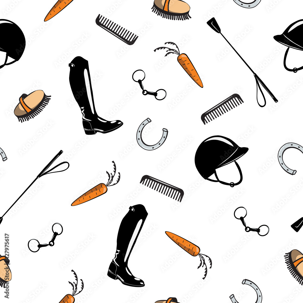 Seamless pattern with horse riding tack on white. Hand drawing cartoon bit, whip, brush, horseshoe, riding boot, snaffle. Equine vector background.